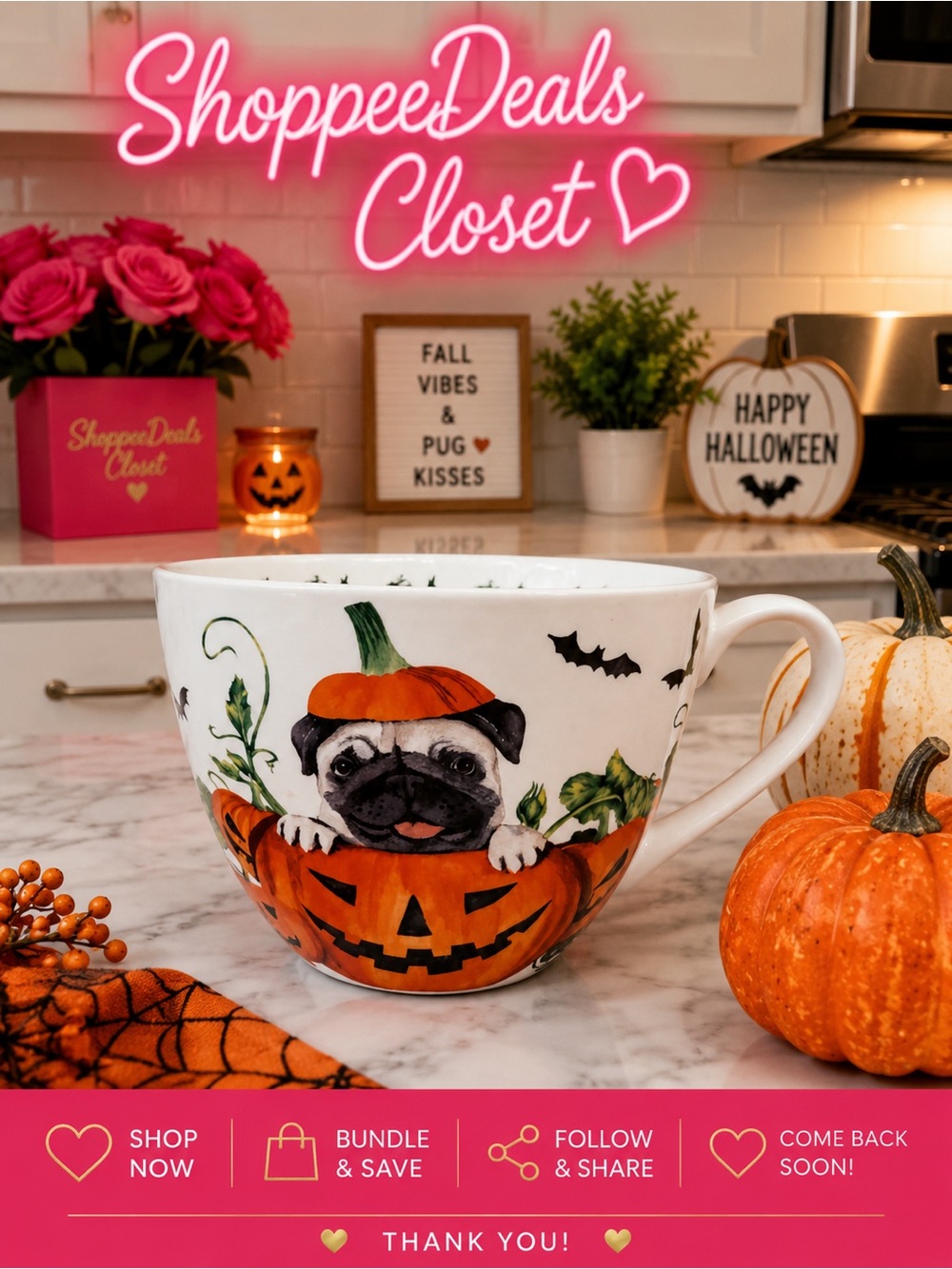 Portobello By Design Pumpkin Pug Halloween Large Mug – Bone China